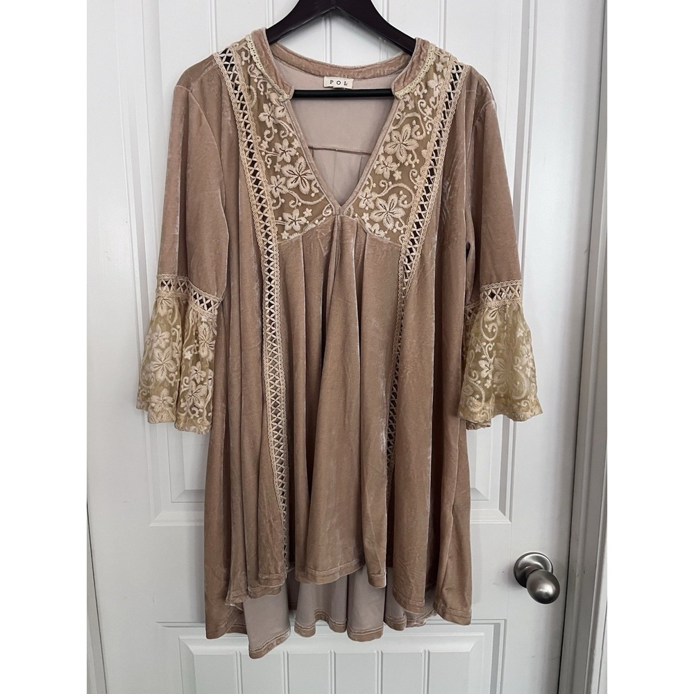 POL Large Dress Velvet Lace V-Neck 3/4 Bell Sleeve Beige Tan Swing Asymetric 496